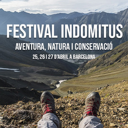 Banner with the text: Festival Indomitius. Aventura, naturaleza y conservación. 25, 26 y 27 de abril en Barcelona.