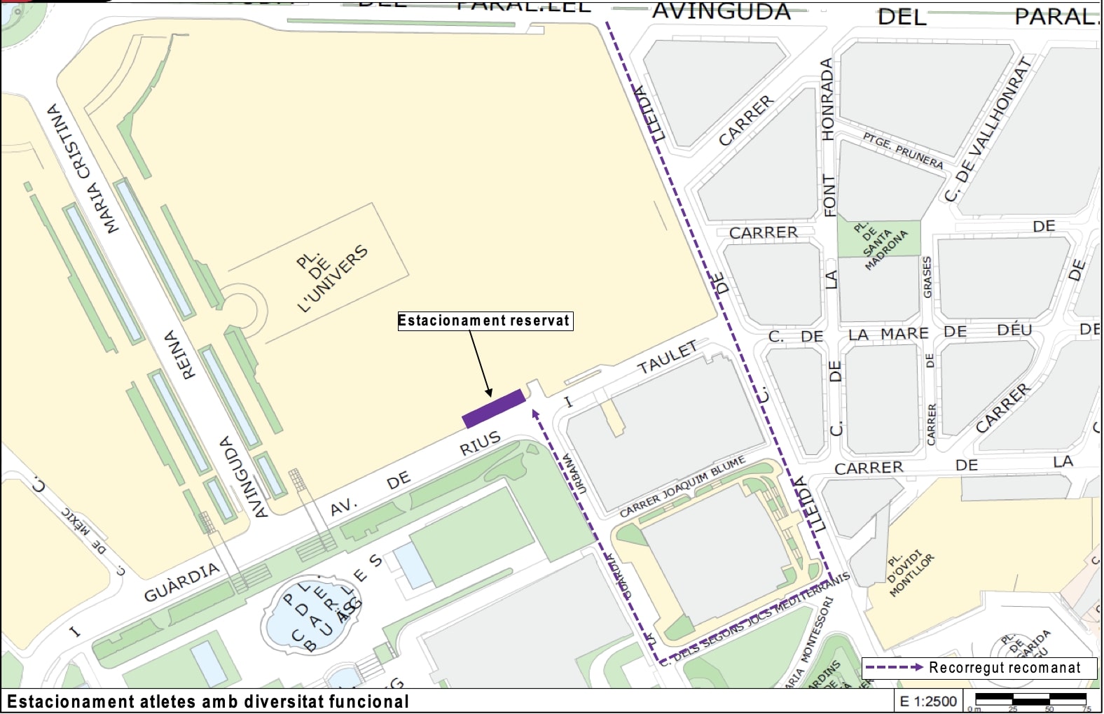 Mapa con indicación de plazas de aparcamiento reservadas en Av Rius i Taulet con C/ Guardia Urbana