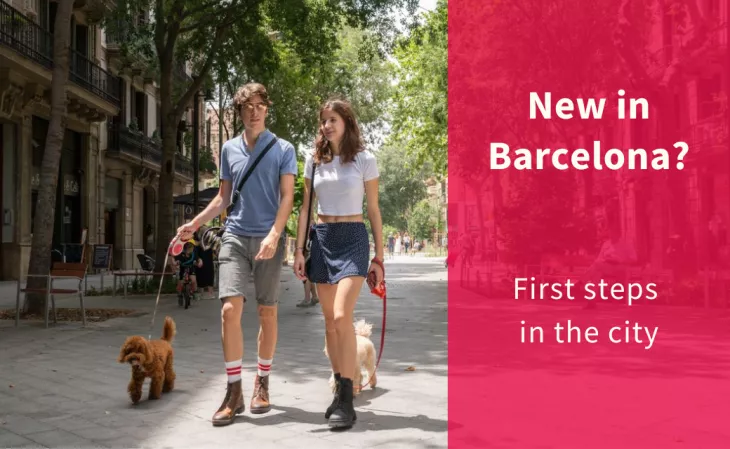 Couple walking with a dog in Barcelona