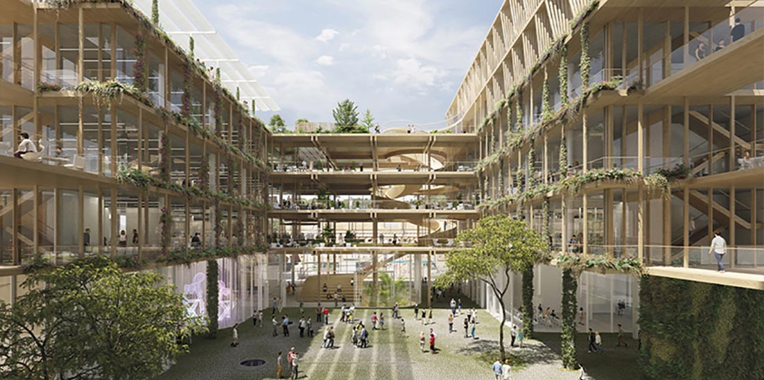 The former Mercat del Peix will be transformed into a research and innovation facility, focused on precision medicine, biodiversity and planetary well-being, next to the Ciutadella campus of Pompeu Fabra University. © Mirag_ZGF Architects_Double Twist