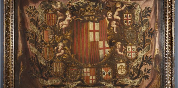 Al·legoria de la Corona d’Aragó i territoris relacionats, presidida per les armes del rei i de la ciutat de Barcelona. 1681