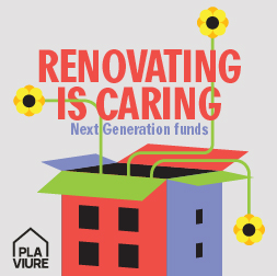 Banner with the text: Renovating is caring. Next generation funds.