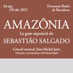 Bàner amb el text: Amazònia, la gran exposició de Sebastiao Salgado.  4 de desembre al 20 abril 2025. Creació musical: Jean Michael Jarre.