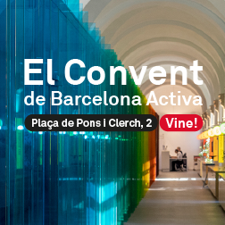 Bàner amb el text: El convent de Barcelona activa. Plaça de pons i clerch, 2. Vine!