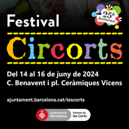 Bàner amb el text: Festival Circorts. Del 14 al 16 de juny de 2024. C. Benavent i pl. Ceràmiques Vicens
