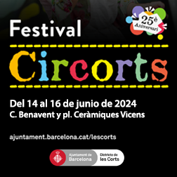 Baner con el texto: Festival Circorts. Del 14 al 16 de junio de 2024. C. Benavides i pl. Ceràmiques Vicens 