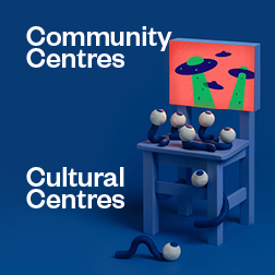 Banner with the text: community centres. Cultural centres