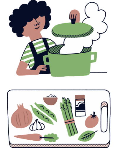 Il·lustració d'un personatge amb una olla fumejant i en primer terme ingredients de la recepta
