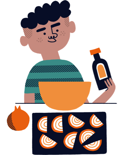 Il·lustració d'un personatge preparant una recepta amb préssecs
