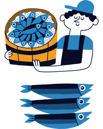 Il·lustració d'un personatge sostenint un recipient amb sardines i tres més en primer terme