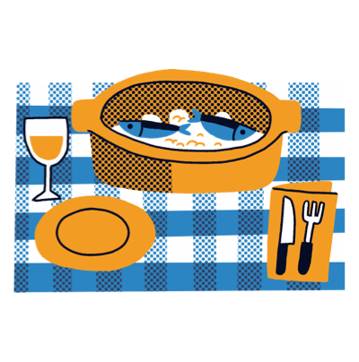 Il·lustració d'una taula parada amb una olla amb sardines